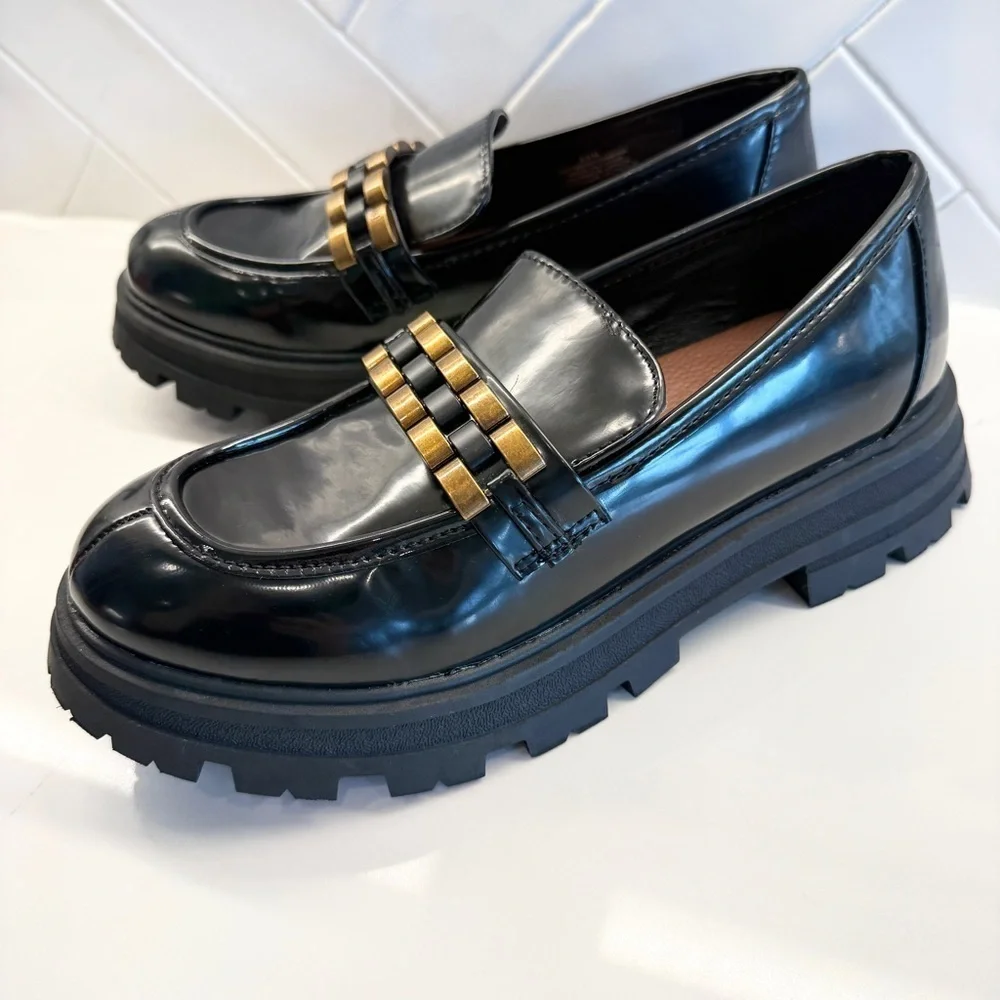 MIA Gabina Women's Black Chunky Chain Lug Loafers Size 8.5 Casual Flats Slip On
